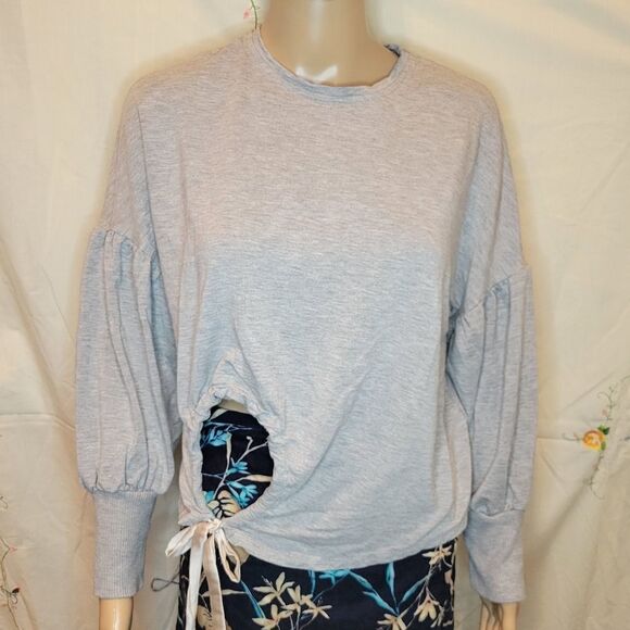 Zara basic Gray Knotted Front Lantern Sleeve Plain  light weight Sweatsh… - Picture 2 of 15